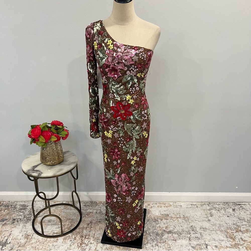 Mac Duggal One Shoulder / Sleeve Floral Fully Sequins & Beads Embellished Gown